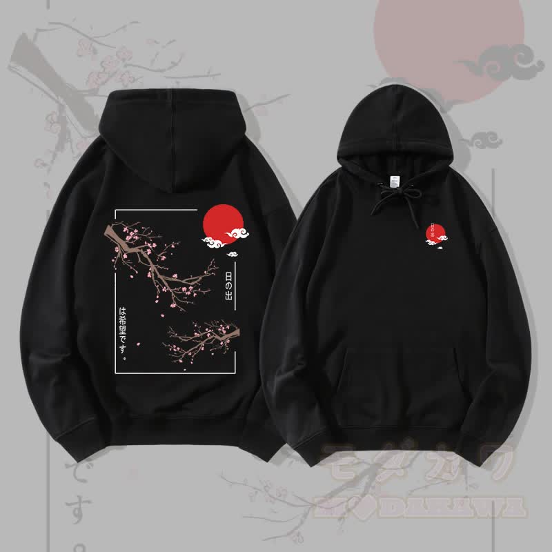 MODAKAWA Cherry Blossom and Sun Graphic Streetwear Pullover Hoodie - Black - 5XL - image 3