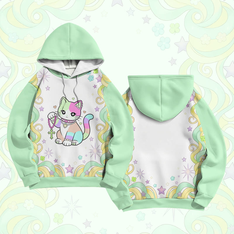 Maximalist Rainbow Cat Graphic Modakawa Color Block Pullover Hoodie - Green - 6XL - image 2