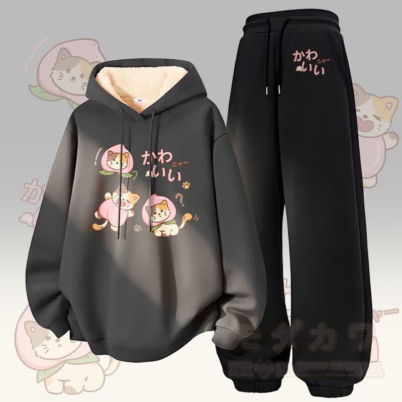 MODAKAWA Peach Cat Graphic Thick Fleece Lined Hoodie Pants Two Pieces Set - Dark Grey&Black - 5XL - image 3