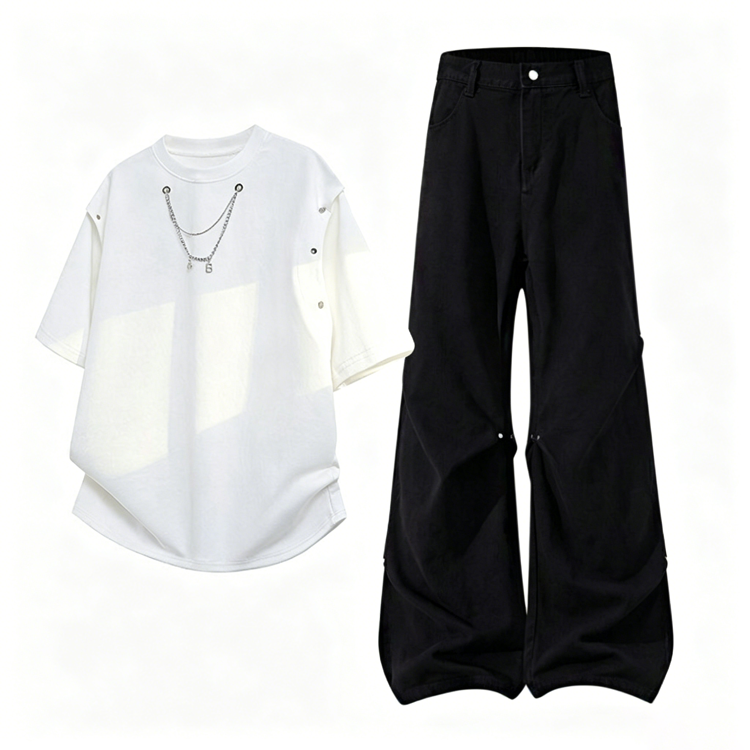 Detachable Sleeve T-Shirt & Wide Leg Jeans - Set【White Top+Black Jeans】 - 2XL - image 23