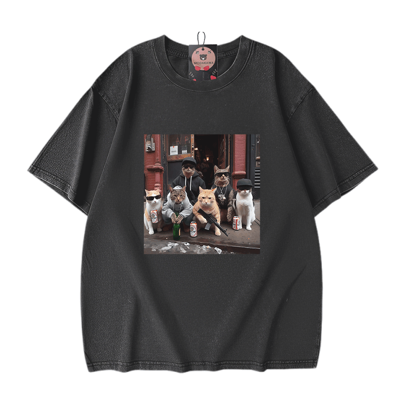 Street Cat Crew Graphic Modakawa Unisex Vintage Washed T-shirt - Black - 5XL - image 2