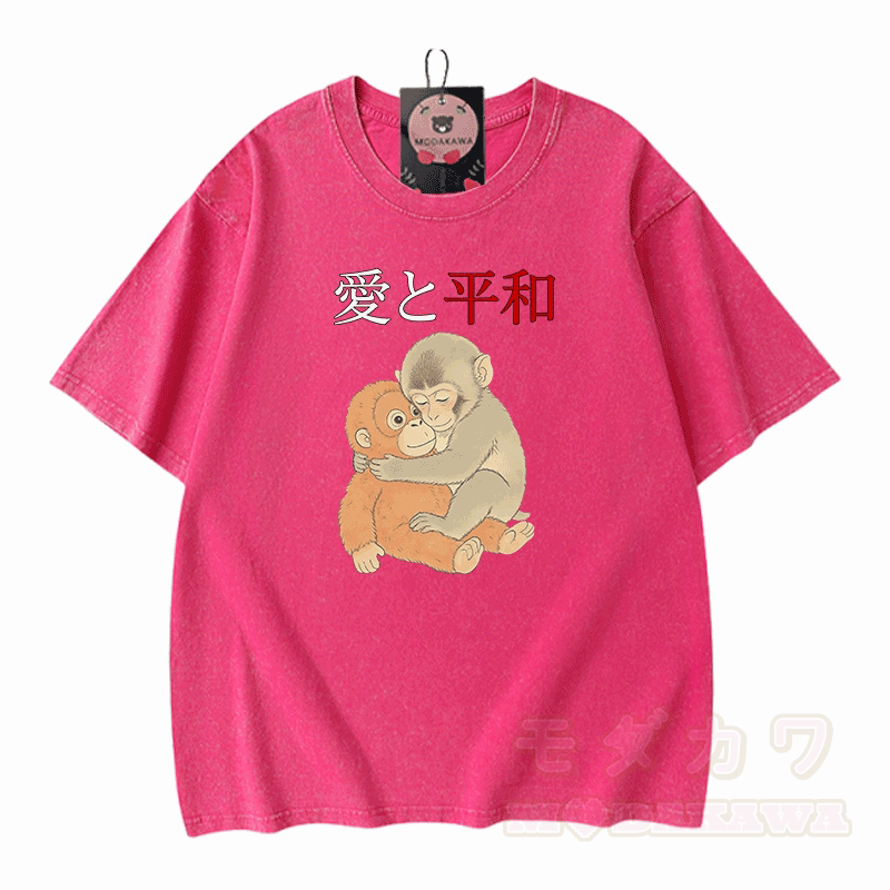 Peace Love Hugging PUNCH Monkey Graphic Modakawa Vintage Washed 100% Cotton T-shirt - Rose Red - 5XL - image 5