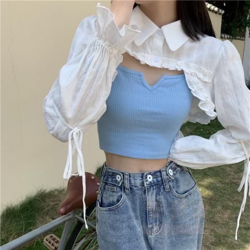 Vintage Denim Cami Dress With Long Sleeve Cropped Shirt Two Pieces Set  - Blue Cami Top - XL - image 4