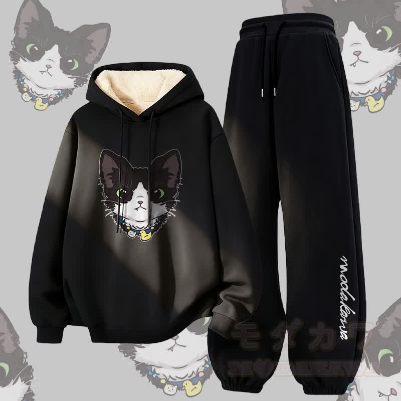 MODAKAWA Cute Kitty Graphic Thick Fleece Lined Hoodie Pants Two Pieces Set - Black - 5XL - image 4