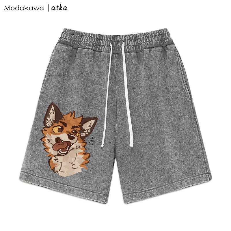 MODAKAWA X atka Playful Fox Face Graphic Vintage Washed Shorts - Grey - 3XL - image 3