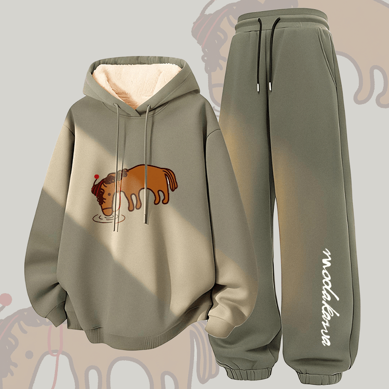 MODAKAWA Thirsty Horse Graphic Thick Fleece Lined Hoodie Pants Two Pieces Set - Green - 5XL - image 3