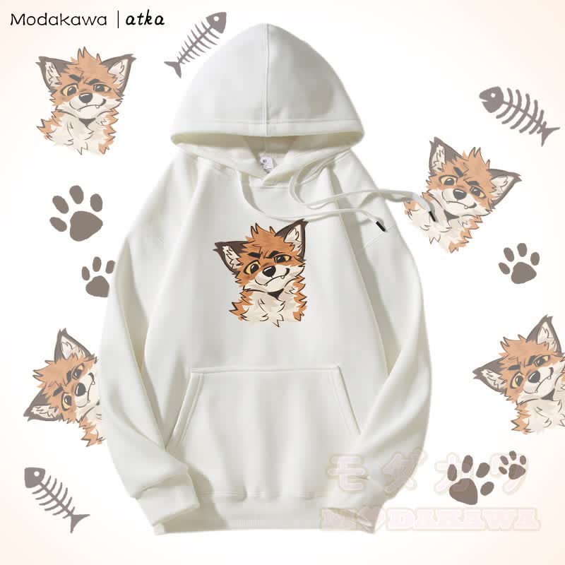 Funny Fox Graphic Fleece Lined Hoodie - White - 5XL - image 3