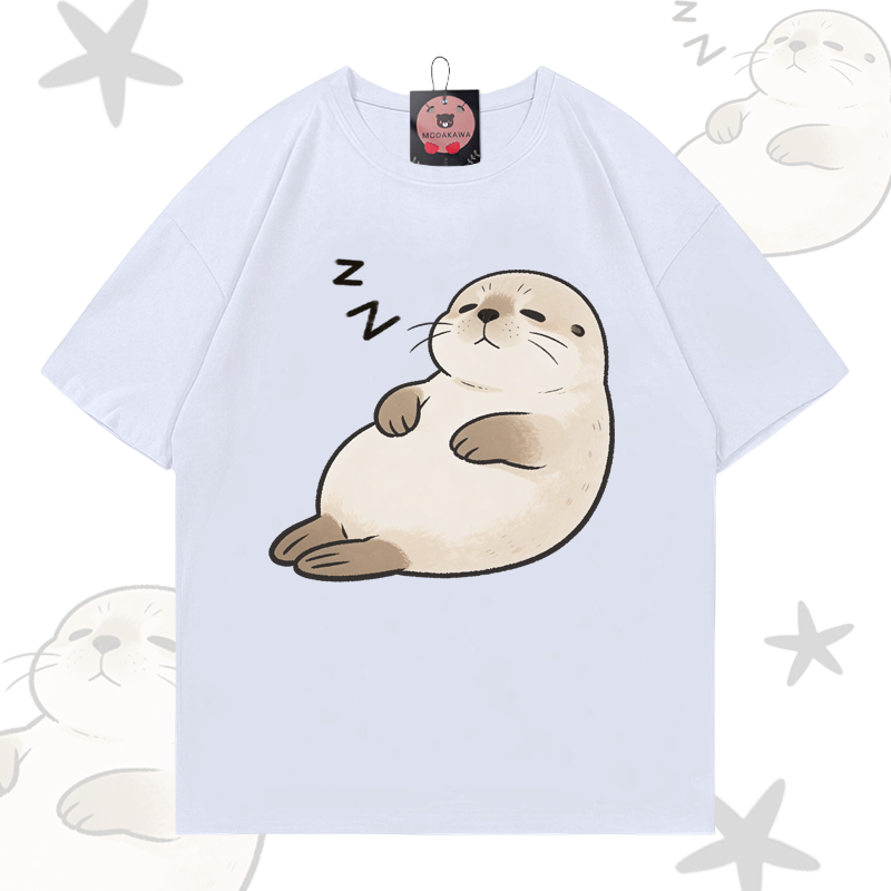 Sleeping Sea Otter Graphic Modakawa 100% Cotton T-shirt - White - 5XL - image 2