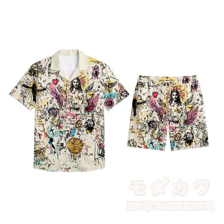 Printed Modakawa Shirt & Shorts Vacation Set - Light Yellow D - 5XL - image 20