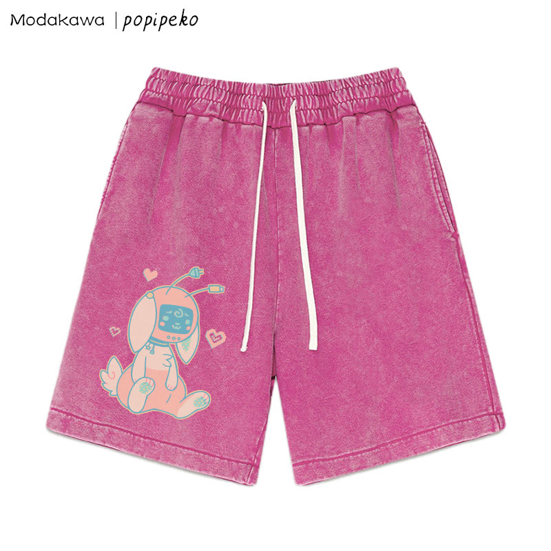 MODAKAWA X popipeko Robot Bunny Print Vintage Washed Shorts - Rose Red - 3XL - image 5