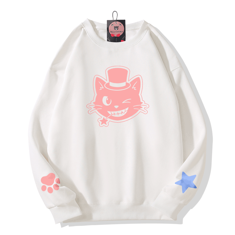 Cat Hat Graphic Modakawa Sweatshirt - White - 5XL - image 3