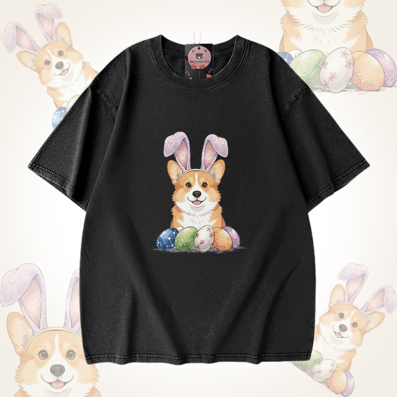 Easter Egg Puppy Graphic Modakawa Unisex Vintage Washed T-shirt - Black - 5XL - image 3