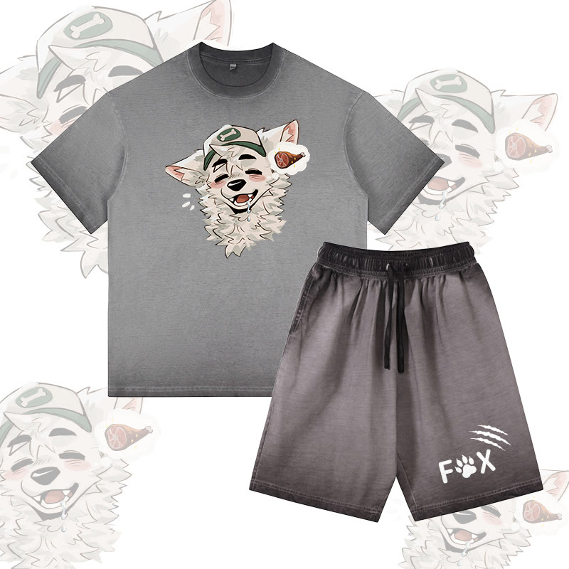 MODAKAWA X atka Fox Wants Meat Graphic Vintage Washed T-shirt FOX Letter Graphic Shorts Gradient Two Pieces Set - Grey - 5XL - image 2