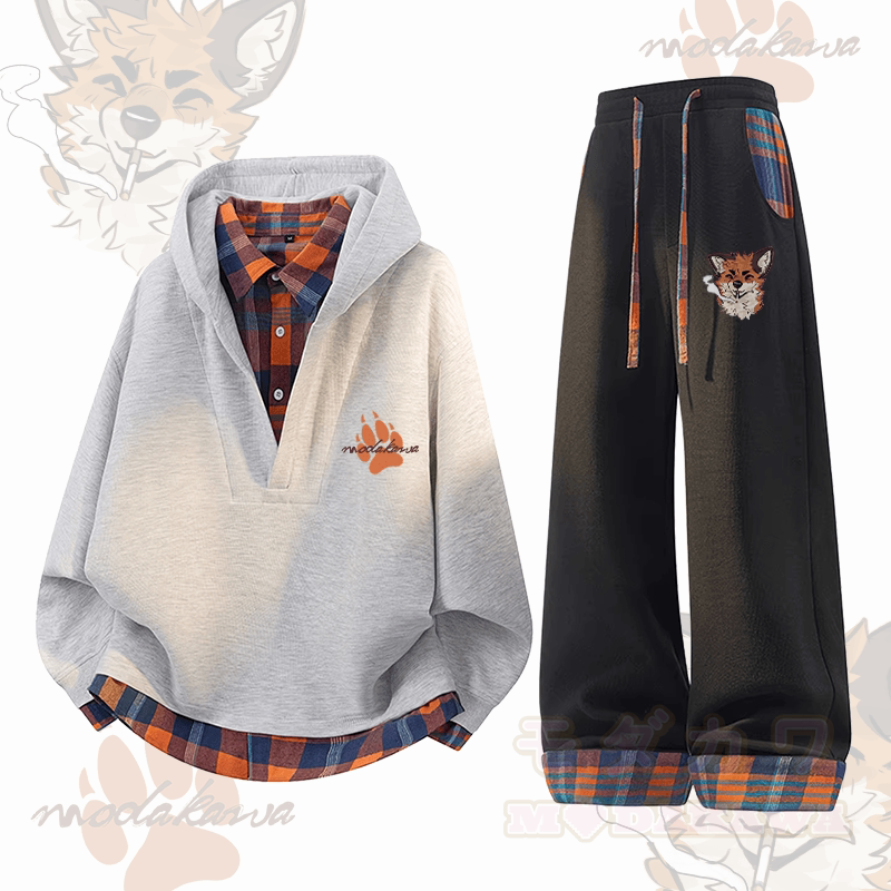MODAKAWA X atka Fox Smoking Graphic Plaid Hoodie Pants Two Pieces Set - Grey& Black - 3XL - image 5