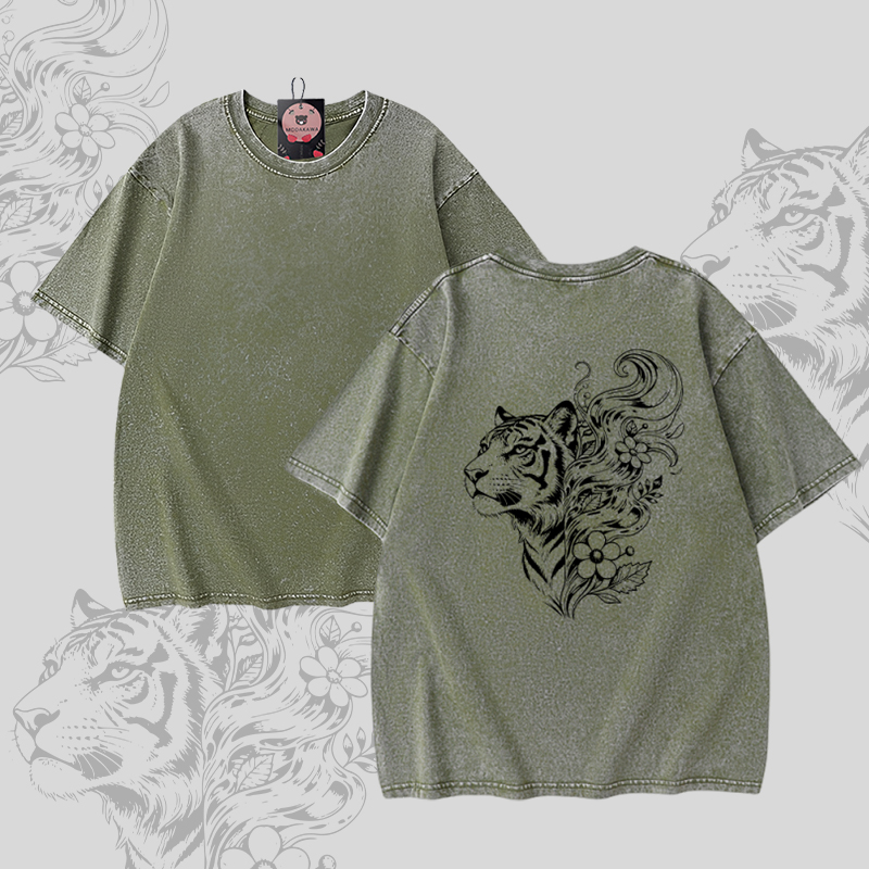 Tiger Floral Graphic Modakawa Unisex Vintage Washed T-shirt - Green - 5XL - image 5