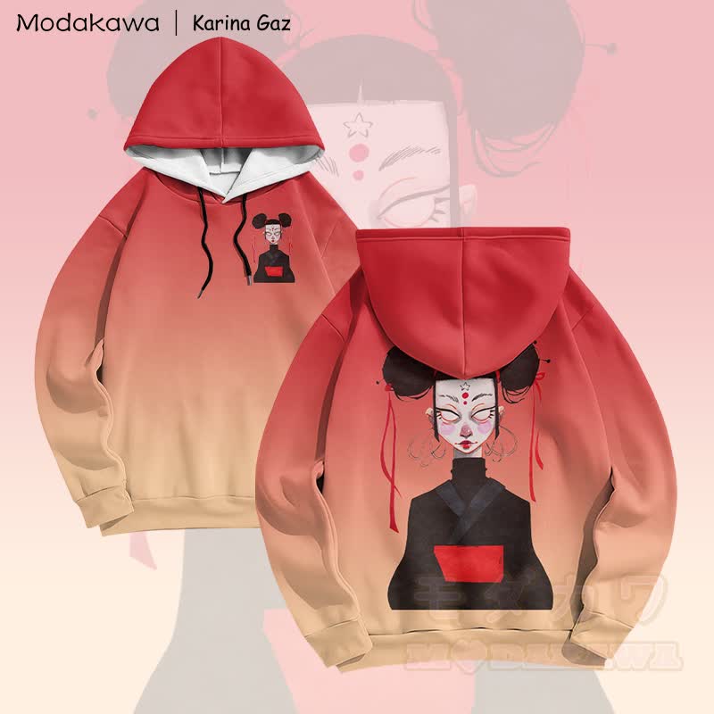 MODAKAWA X Karina Gaz Anime Lady Graphic Gradient Pullover Hoodie - Red & Yellow - 6XL - image 3