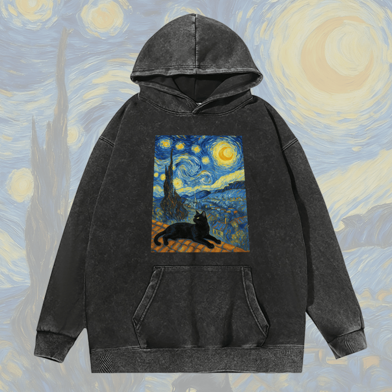 MODAKAWA Unisex Vintage Washed Hoodie Black Cat Under the Night Sky Graphic Pullover - Black - 2XL - image 5