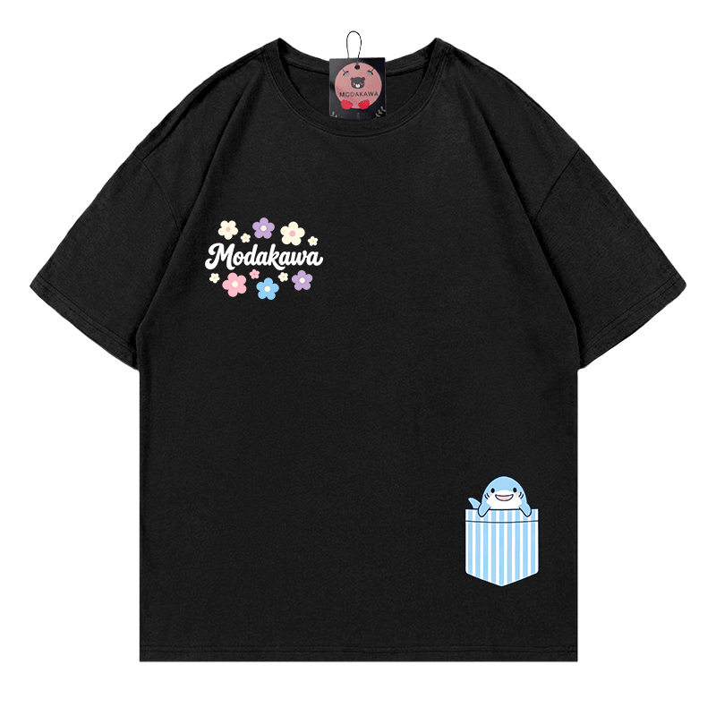 Pocket Shark Flowers Graphic Modakawa 100% Cotton T-shirt - Black - 5XL - image 5