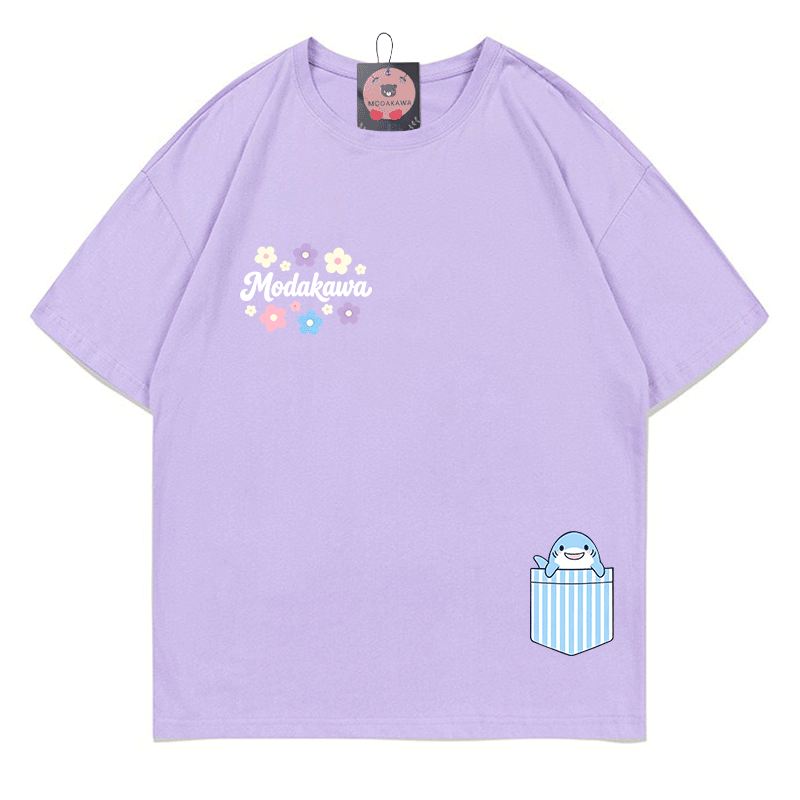 Pocket Shark Flowers Graphic Modakawa 100% Cotton T-shirt - Light Purple - 5XL - image 7
