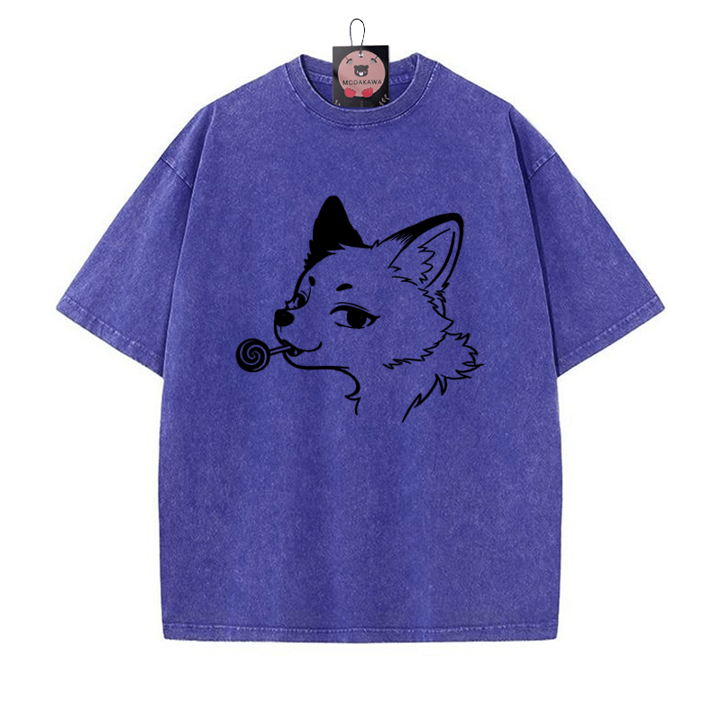 Fox Print Vintage Washed T-shirt - Blue - 5XL - image 5
