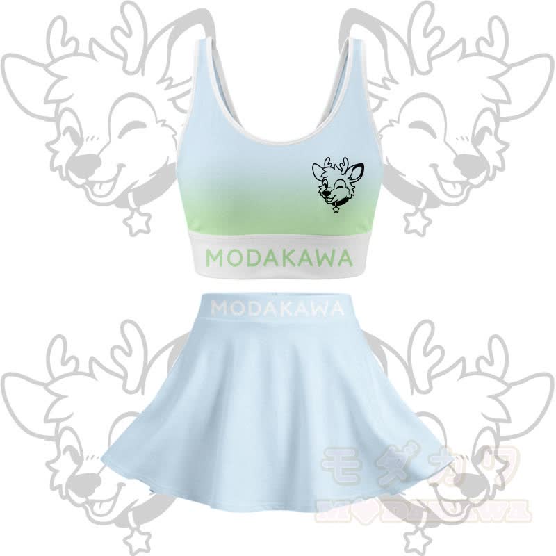 MODAKAWA X popipeko Deer Graphic Crop Tank Sport Top Skirt Matching Outfit - Blue & Green Set - 2XL - image 15