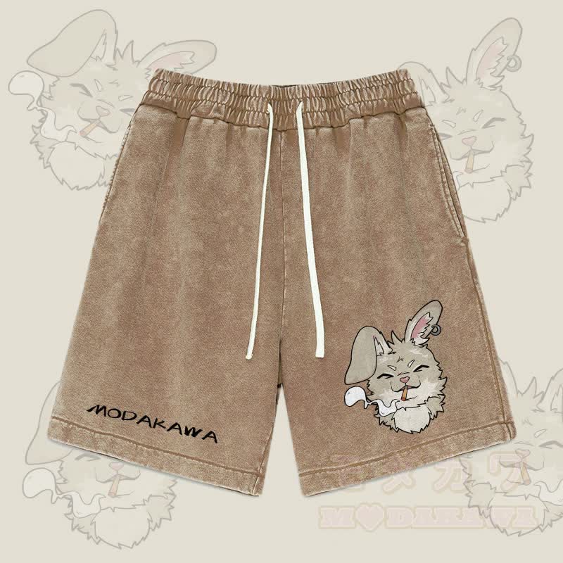 MODAKAWA Nabi Smoking Graphic Vintage Washed Streetwear Shorts - Brown - 3XL - image 3