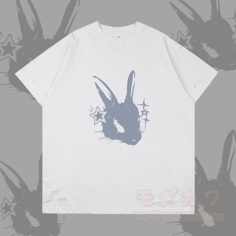 Star Bunny Graphic Modakawa Ripped T-shirt - White - 2XL - image 4