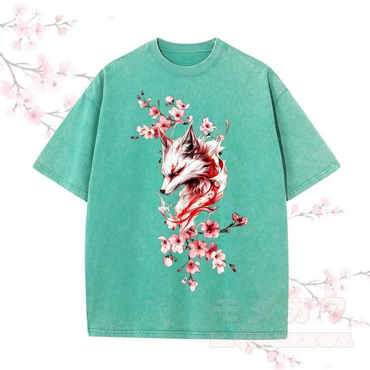 Fox Sakura Graphic Modakawa Vintage Washed 100% Cotton T-shirt - Green - 5XL - image 8