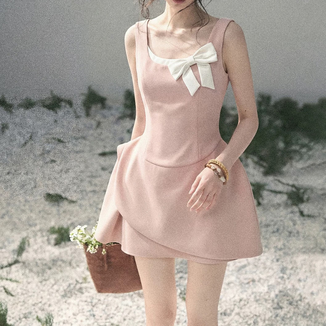 Square Neck Bow Spaghetti Strap Dress - Pink - L - image 9