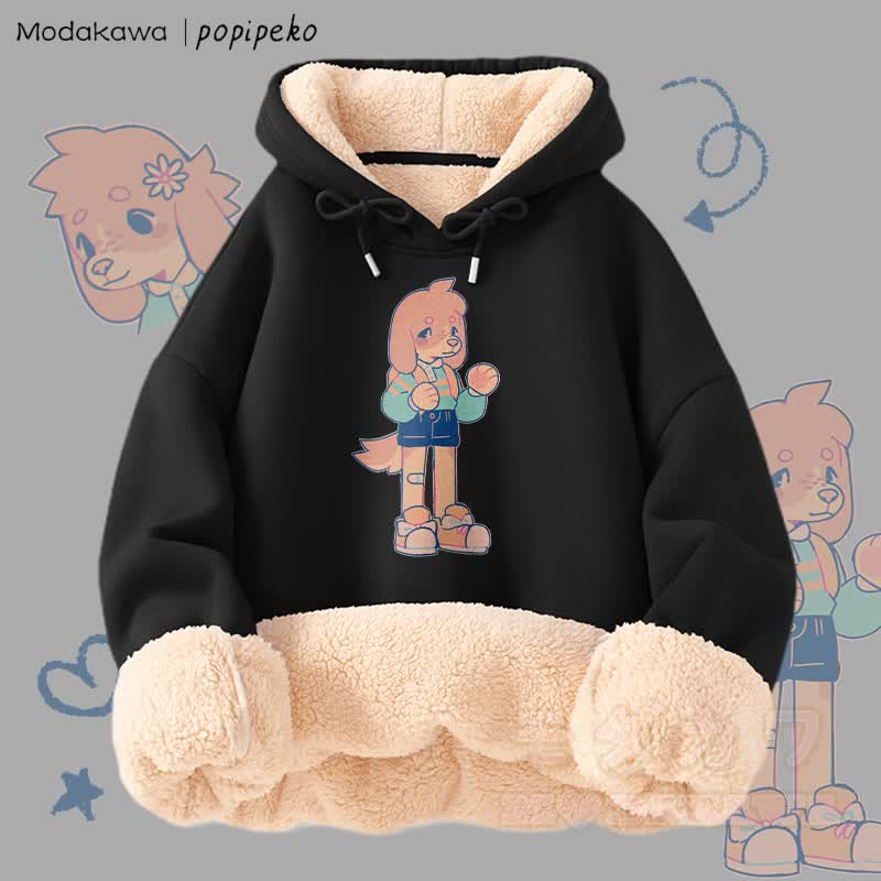 MODAKAWA X popipeko Cute Puppy Graphic Thick Fleece Lined Winter Hoodie - Black A - 2XL - image 5