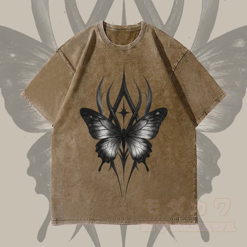 MODAKAWA Gothic Butterfly Graphic Unisex Vintage Washed T-Shirt - Brown - 4XL - image 3