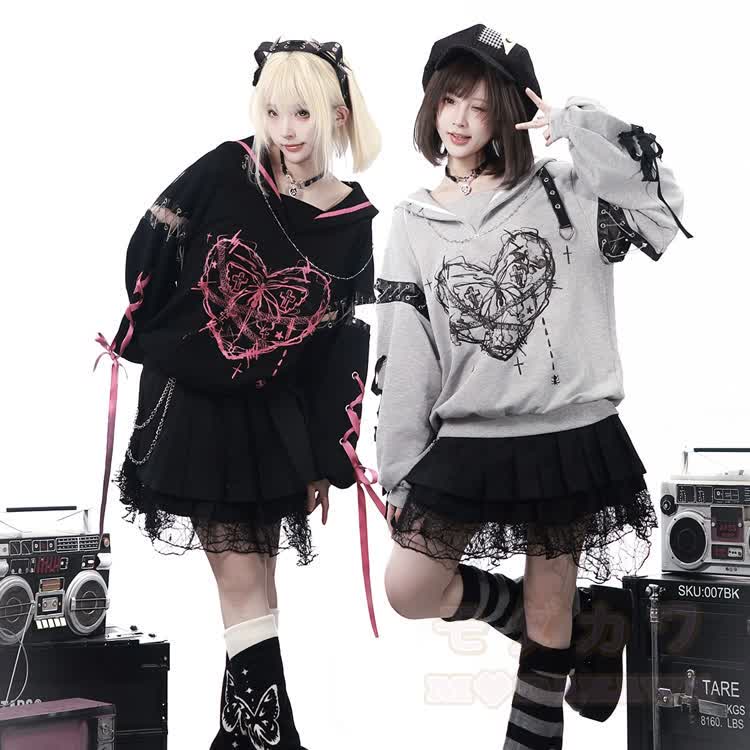 Goth Heart Graphic Oversized Hoodie with Layered Lace Pleated Skirt - image 7