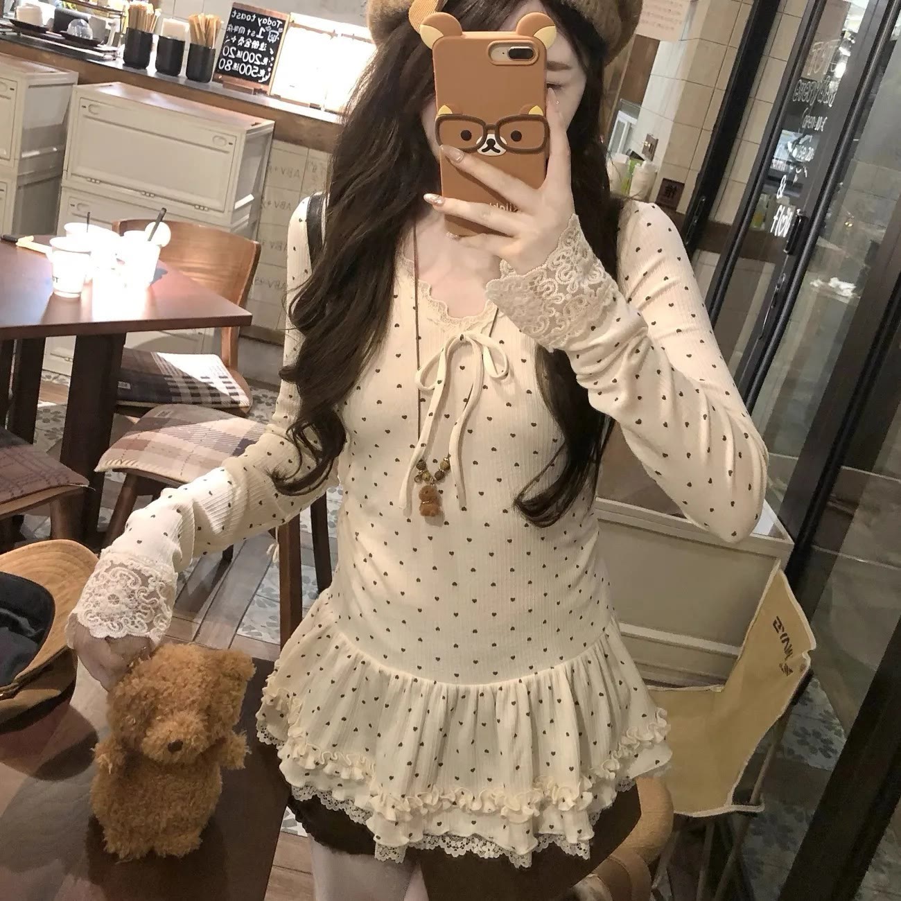 Vintage Faux Fur Collar Jacket and Lace Shirt Two Pieces Set - Polka Dot Shirt - XL - image 13