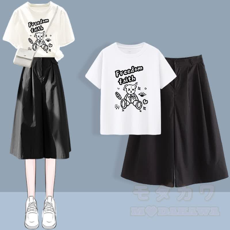 Chic Round Collar Printed T-Shirt Casual Wide Leg Pants Two Pieces Set - Black - XL - image 4