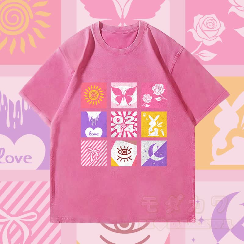 MODAKAWA Mixed Symbol Grid Graphic Unisex Vintage Washed T-Shirt - Rose Red - 4XL - image 4