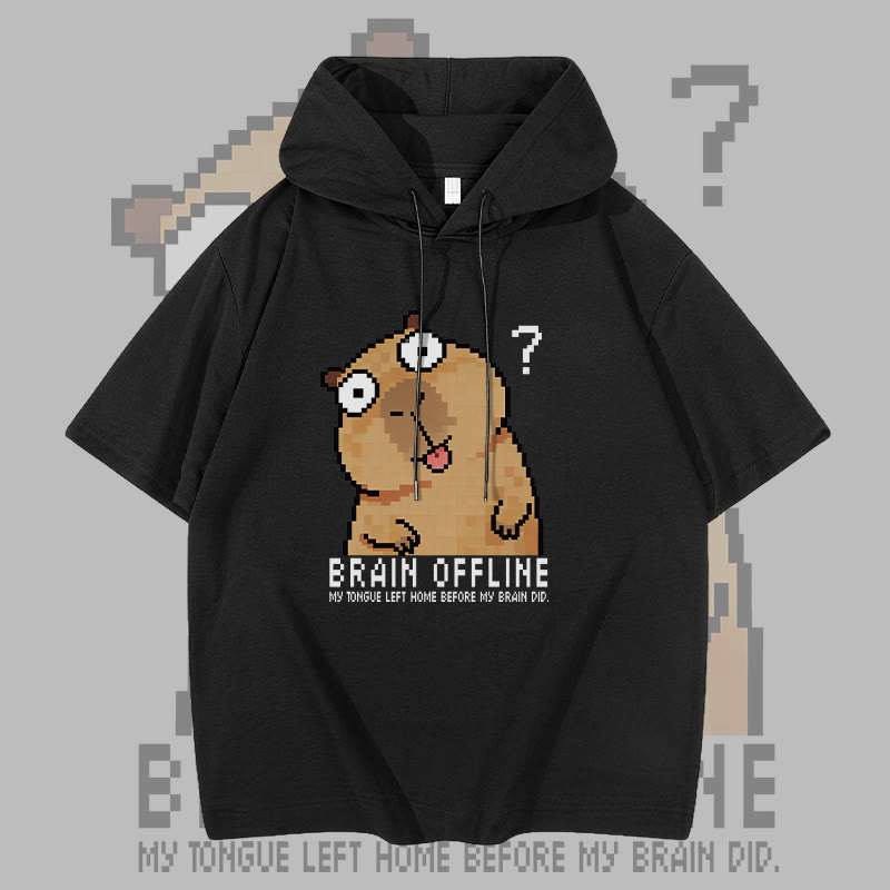 BRAIN OFFLINE Capybara Graphic Modakawa Short Sleeve Hoodie - Black - 3XL - image 3