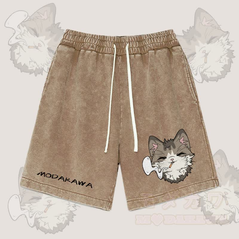 MODAKAWA Smoking Cat Graphic Vintage Washed Streetwear Shorts - Brown - 3XL - image 3