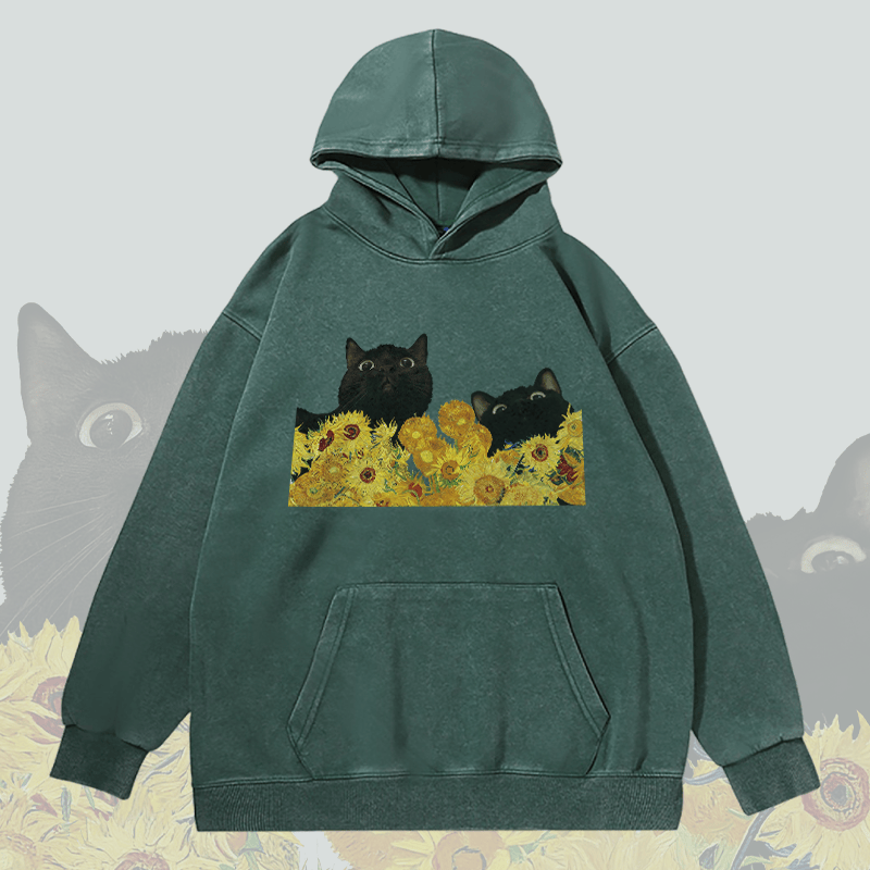 MODAKAWA Unisex Vintage Washed Hoodie Black Cats Among Sunflowers Graphic Pullover - Green - 2XL - image 2