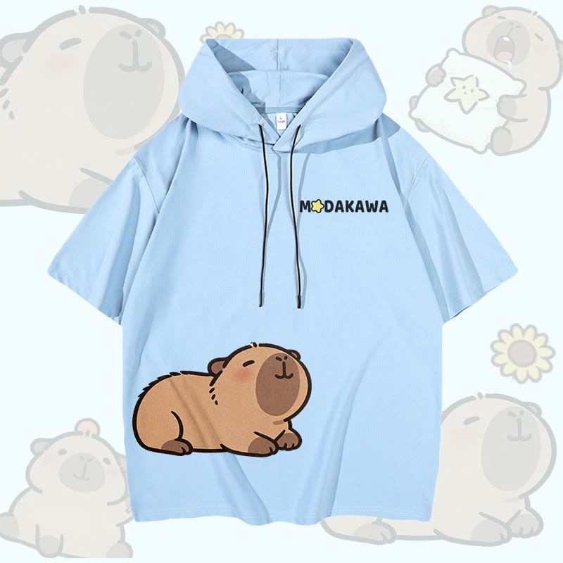 Cute Capybara Graphic Modakawa Short Sleeve Hoodie - Sky Blue - 3XL - image 4