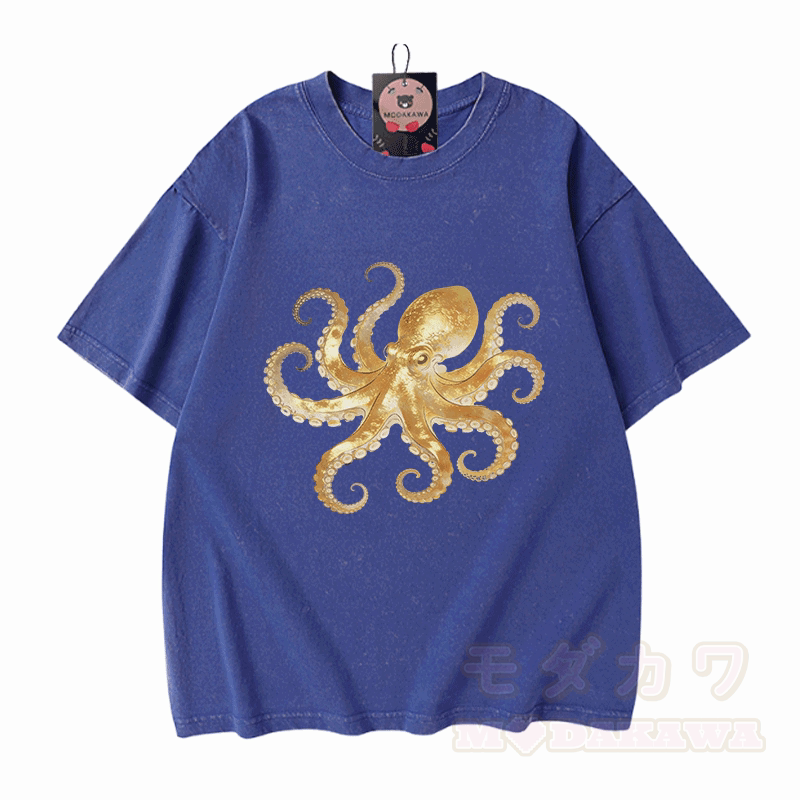 Octopus Graphic Modakawa Vintage Washed 100% Cotton T-shirt - Blue - 5XL - image 4