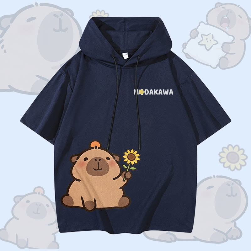 Sunflower Capybara Graphic Modakawa Short Sleeve Hoodie - Purplish Blue - 3XL - image 2