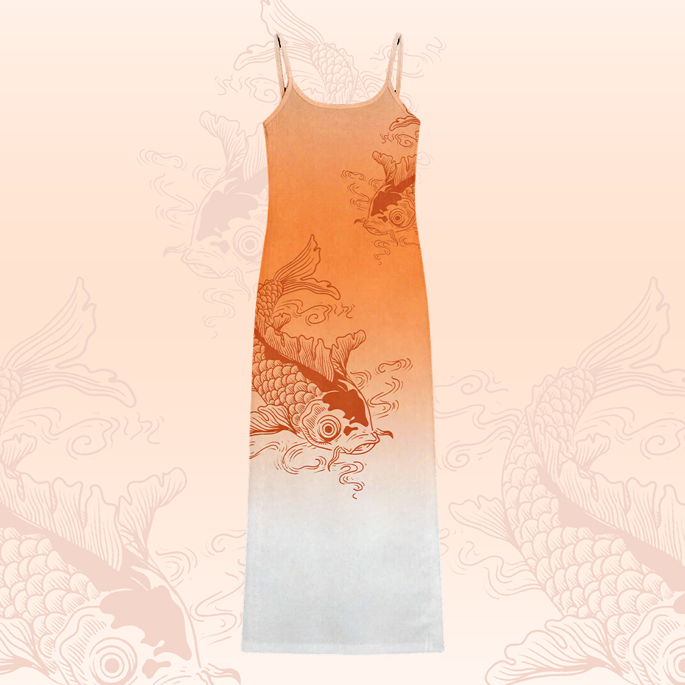 Koi Fish Graphic Modakawa Gradient Slip Dress - Orange - 5XL - image 4