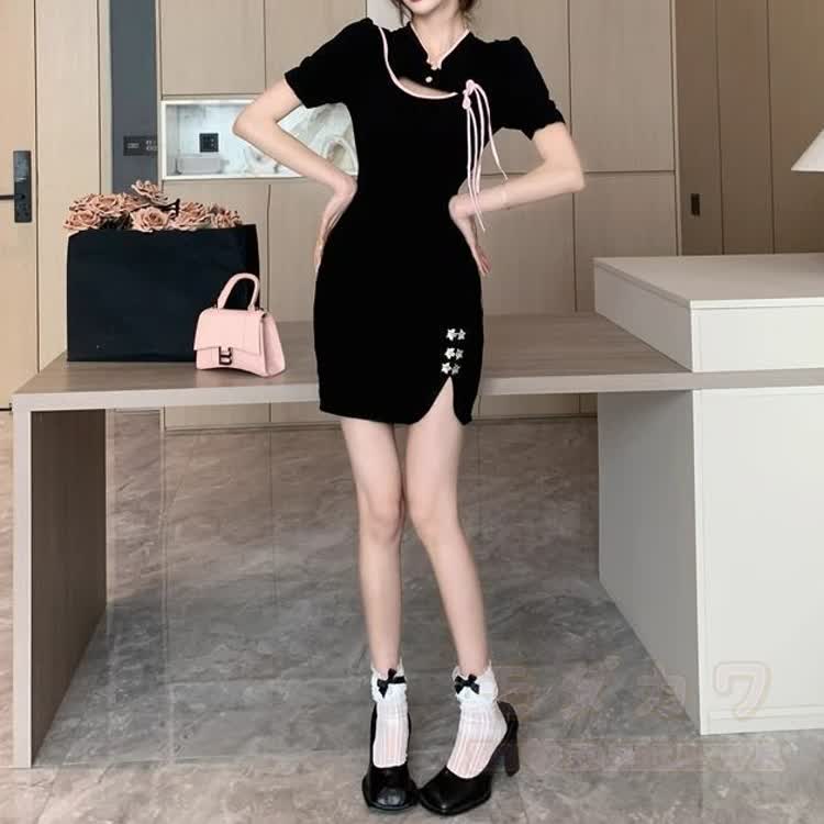 Black Chinese Style Bow Detail Mini Dress - Black - XL - image 8
