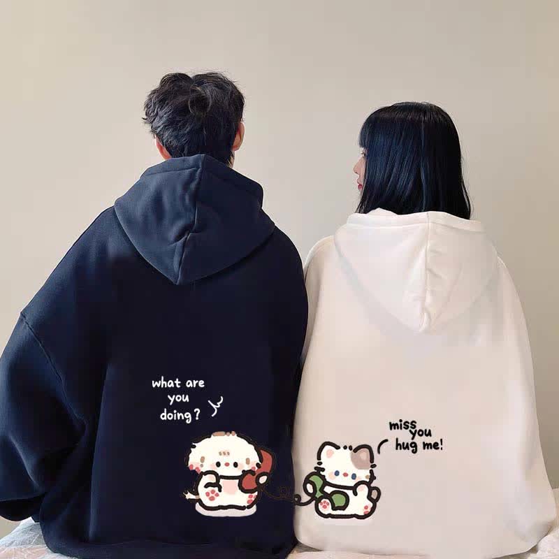 Modakawa Girlfriend Boyfriend Puppy Kitty Letter Print Loose Hoodie - image 1
