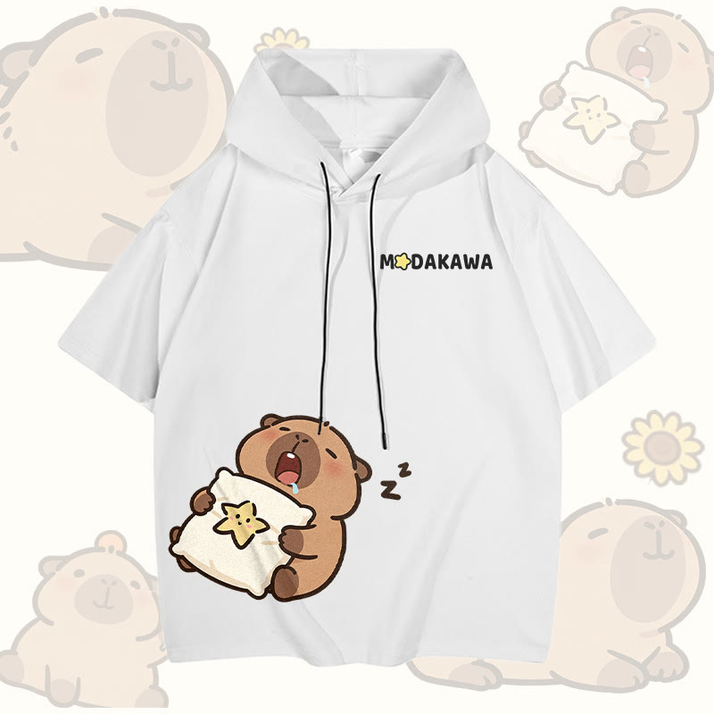 Sleepy Capybara Graphic Modakawa Short Sleeve Hoodie - White - 3XL - image 4