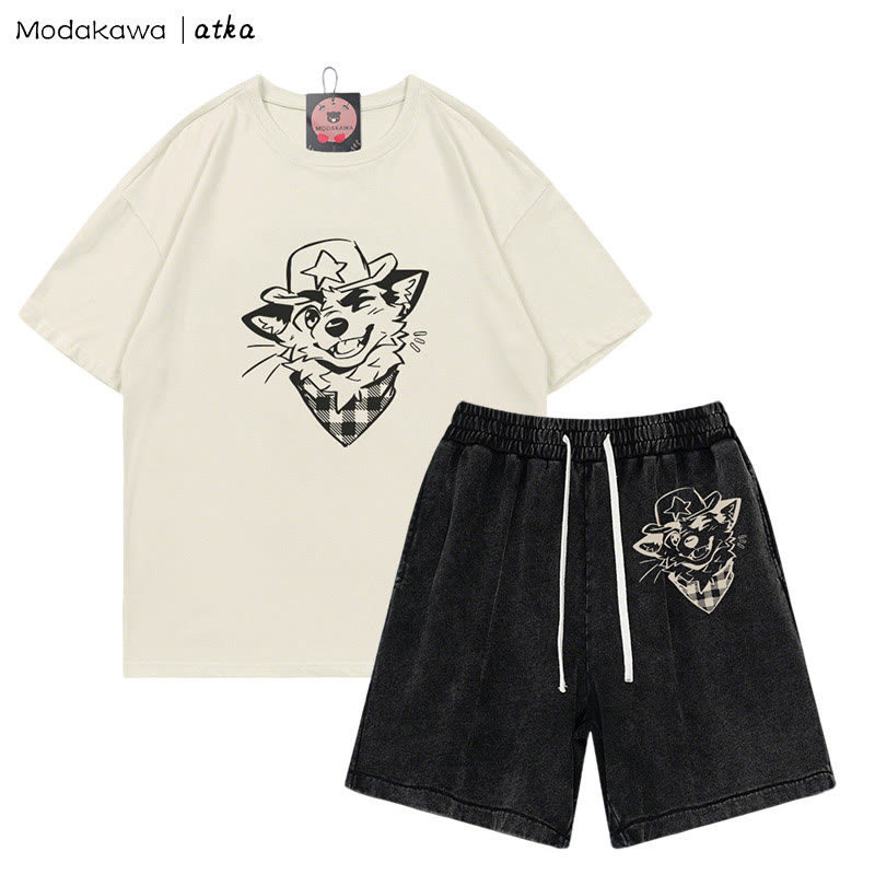 MODAKAWA X atka Cowboy Fox Winking Graphic T-shirt Vintage Washed Shorts Two Pieces Set - Beige&Black - 3XL - image 4