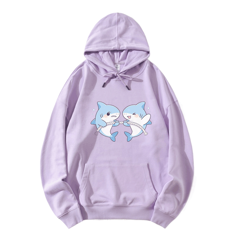 Cute Shark Game Graphic Modakawa Loose Cotton-Blend Hoodie - Light Purple - 5XL - image 5