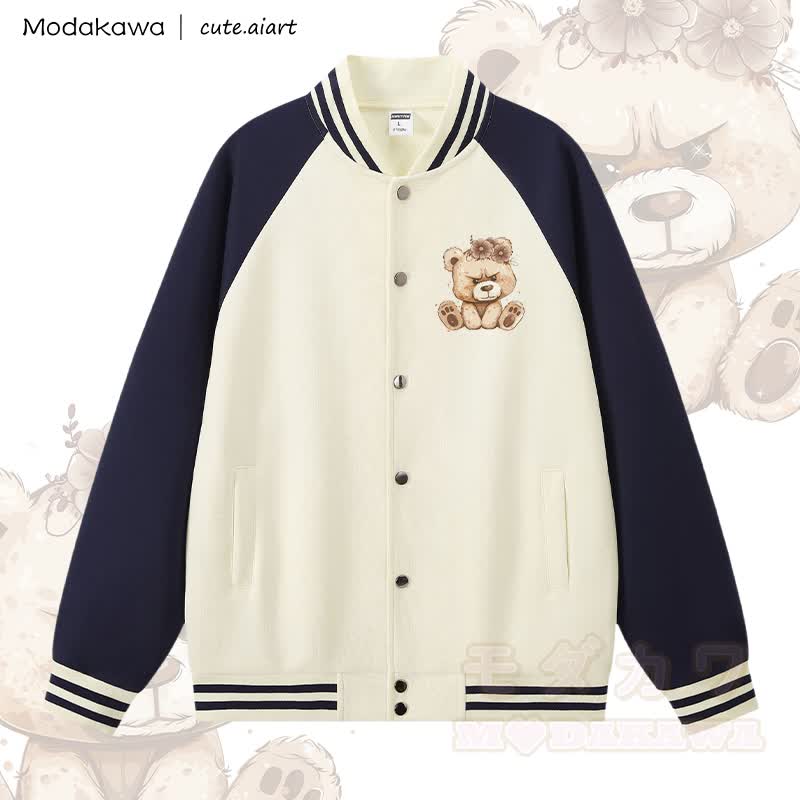 MODAKAWA X cute.aiart Bear Graphic Color Block Baseball Jacket - Apricot & Purplish Blue - 5XL - image 3