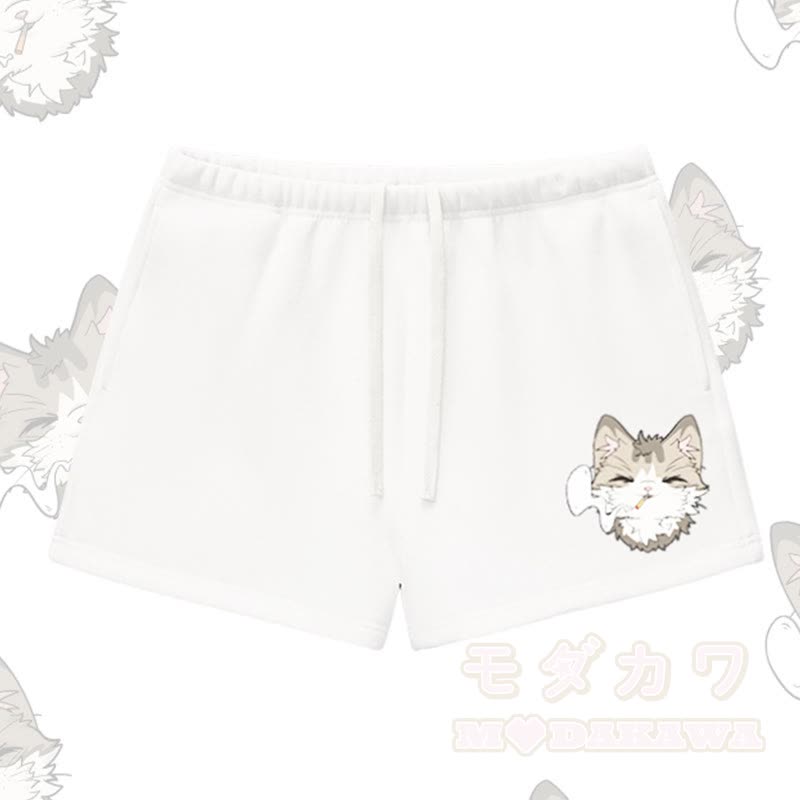 MODAKAWA Smoking Cat Graphic Thick Fleece Lined Shorts - White - L - image 4