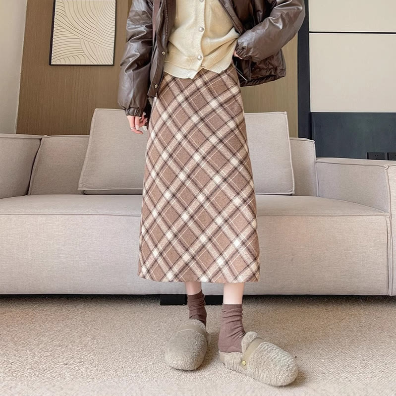 Vintage Wool Plaid A-Line Skirt - Khaki - XL - image 14
